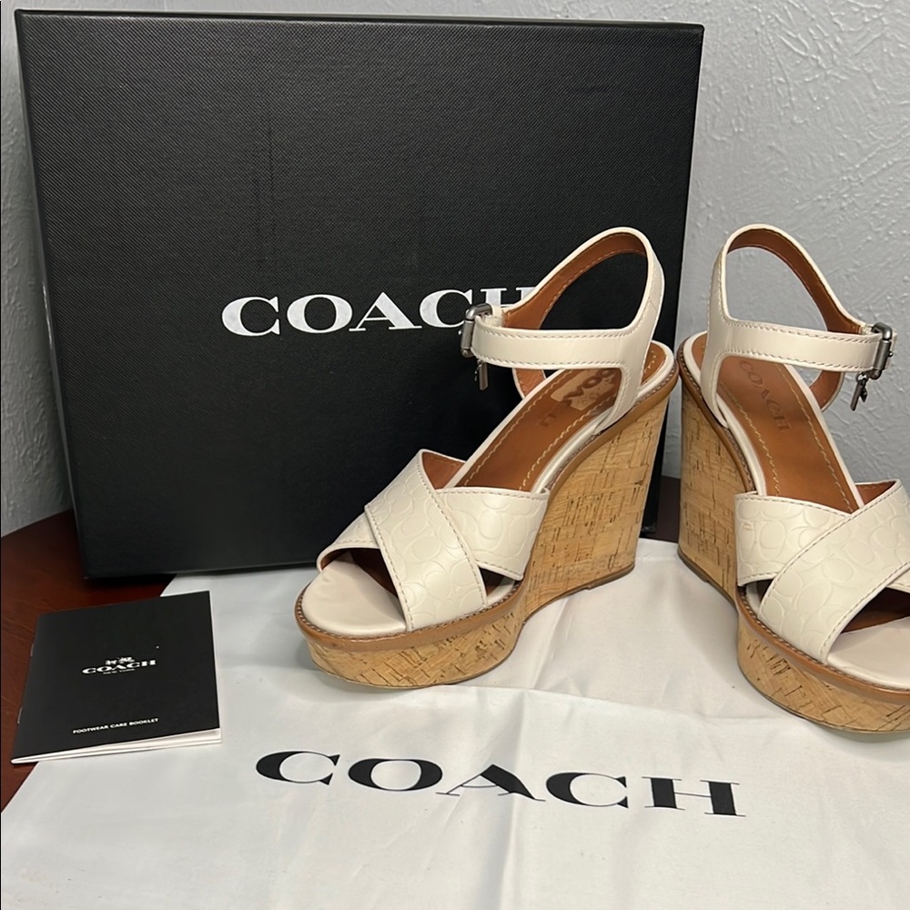 Coach EUC Cream Wedge Sandals with Box and Dustbag
